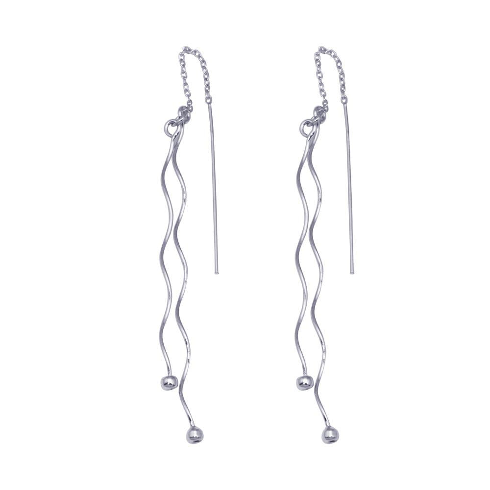 PARIKHS Rhodium Plated Two Twisted Wire Threaded Hanging Ball Hook Earring in 925 Sterling Silver