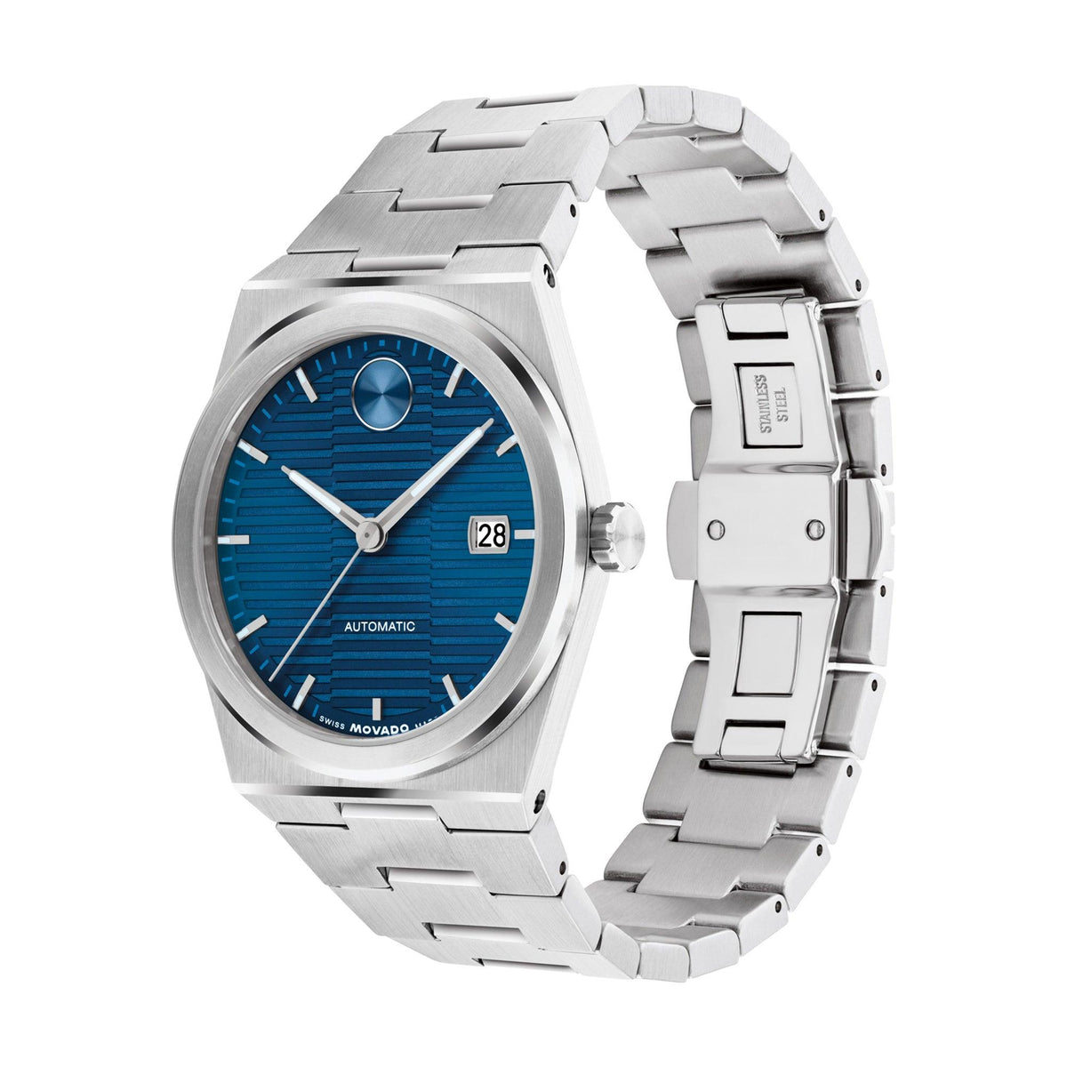 Movado Unisex BOLD Quest Automatic Silver-Tone Stainless Steel Watch Blue Dial