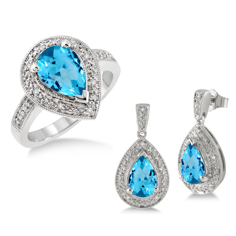 Jilco Inc Blue Topaz & Diamond Earring and Ring Set