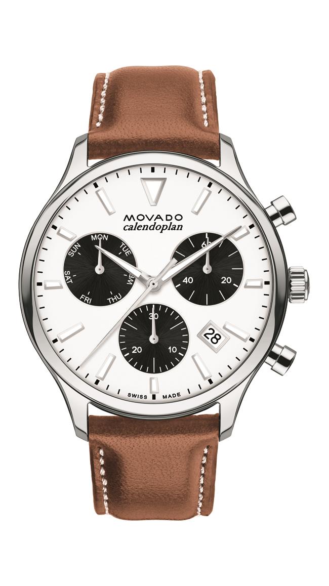Movado Heritage Men's Chrono. Stainless Steel Case. White Dial. Cognac Calfskin Strap.