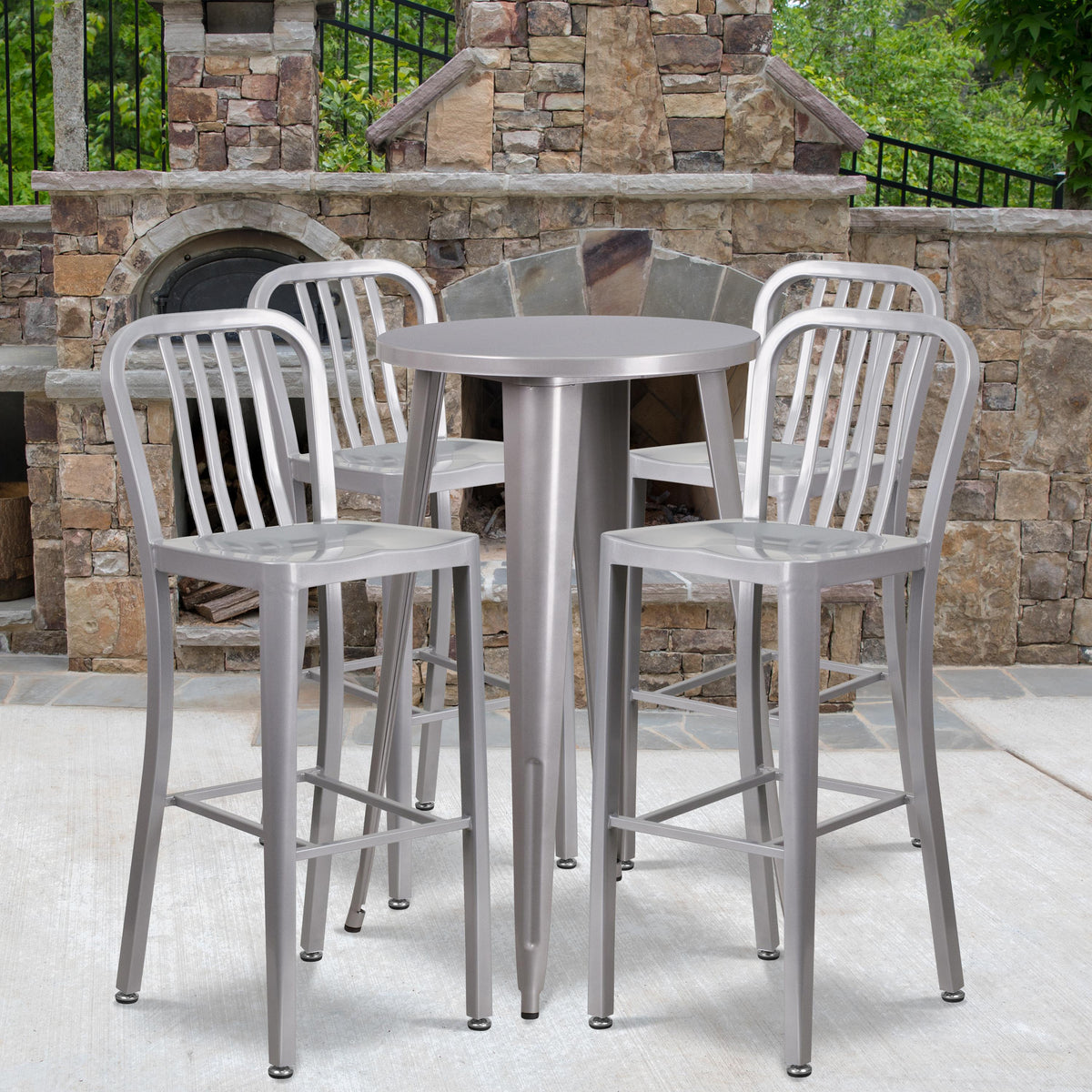 Flash Furniture 24" Round Silver Metal Indoor-Outdoor Bar Table Set with 4 Slat Back Stools