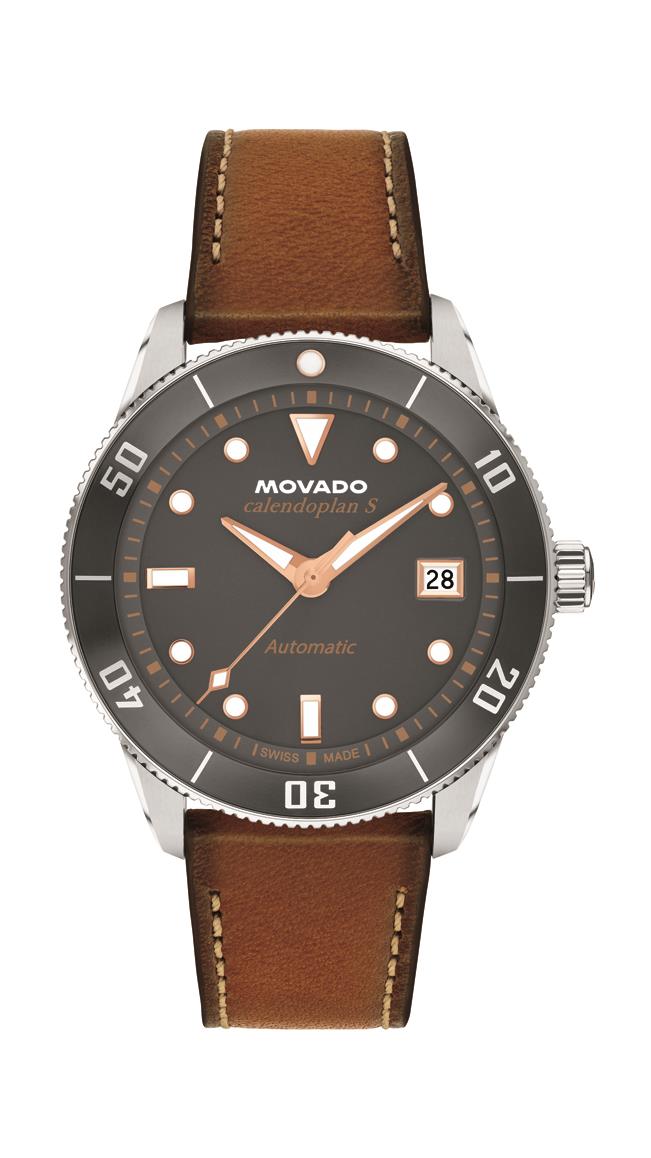 Movado Automatics Heritage calendoplan Automatic Gents. SS & grey aluminum Case. Cognac Leather Strap. Grey Dial.