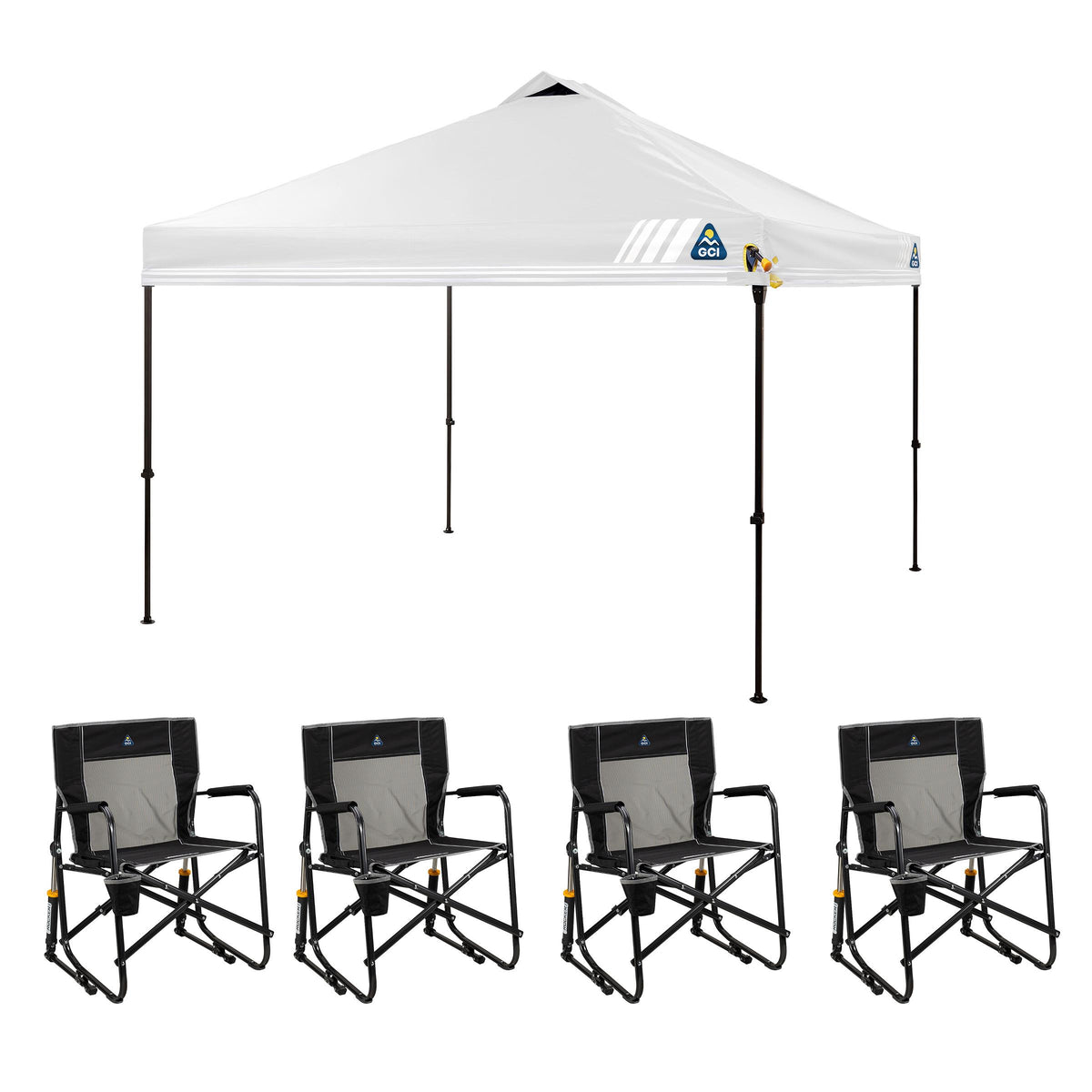 GCI Outdoor 4 Freestyle Rocker Chairs - Black (37010) & LevrUp Canopy - White (880216P)