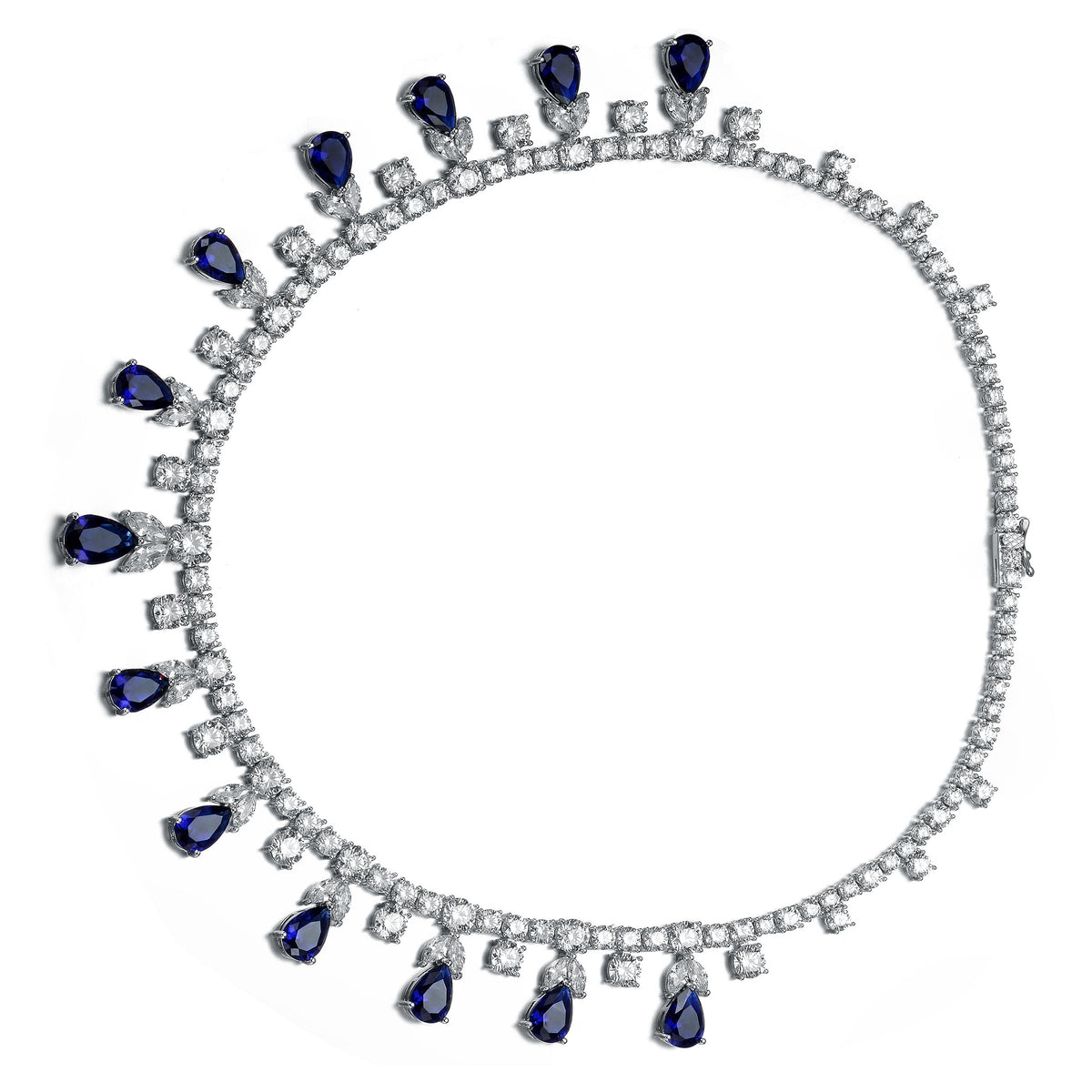 GENEVIVE Rhodium CZ Blue Tennis Necklace Size 16"