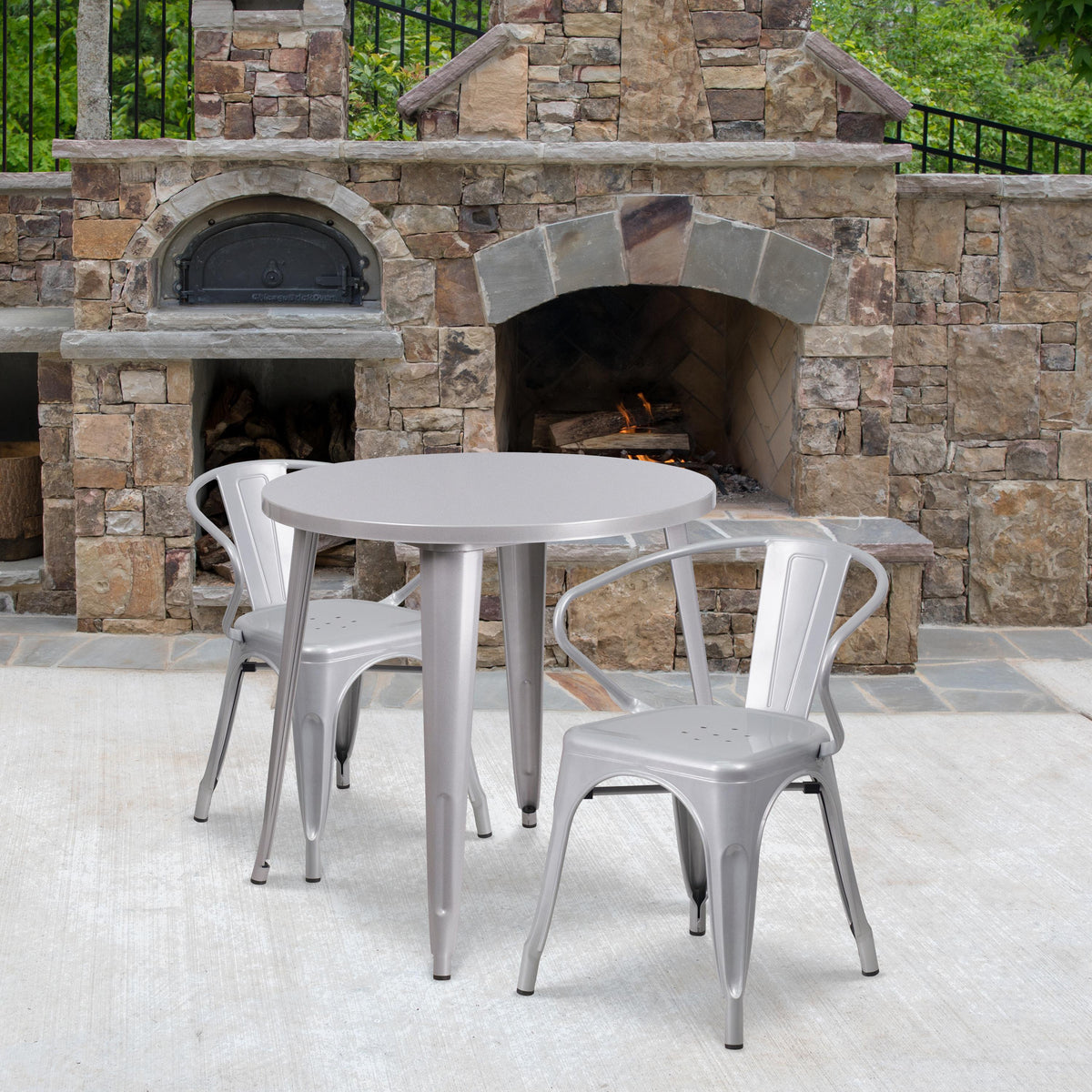 Flash Furniture 30" Round Silver Metal Indoor-Outdoor Table Set with 2 Arm Chairs