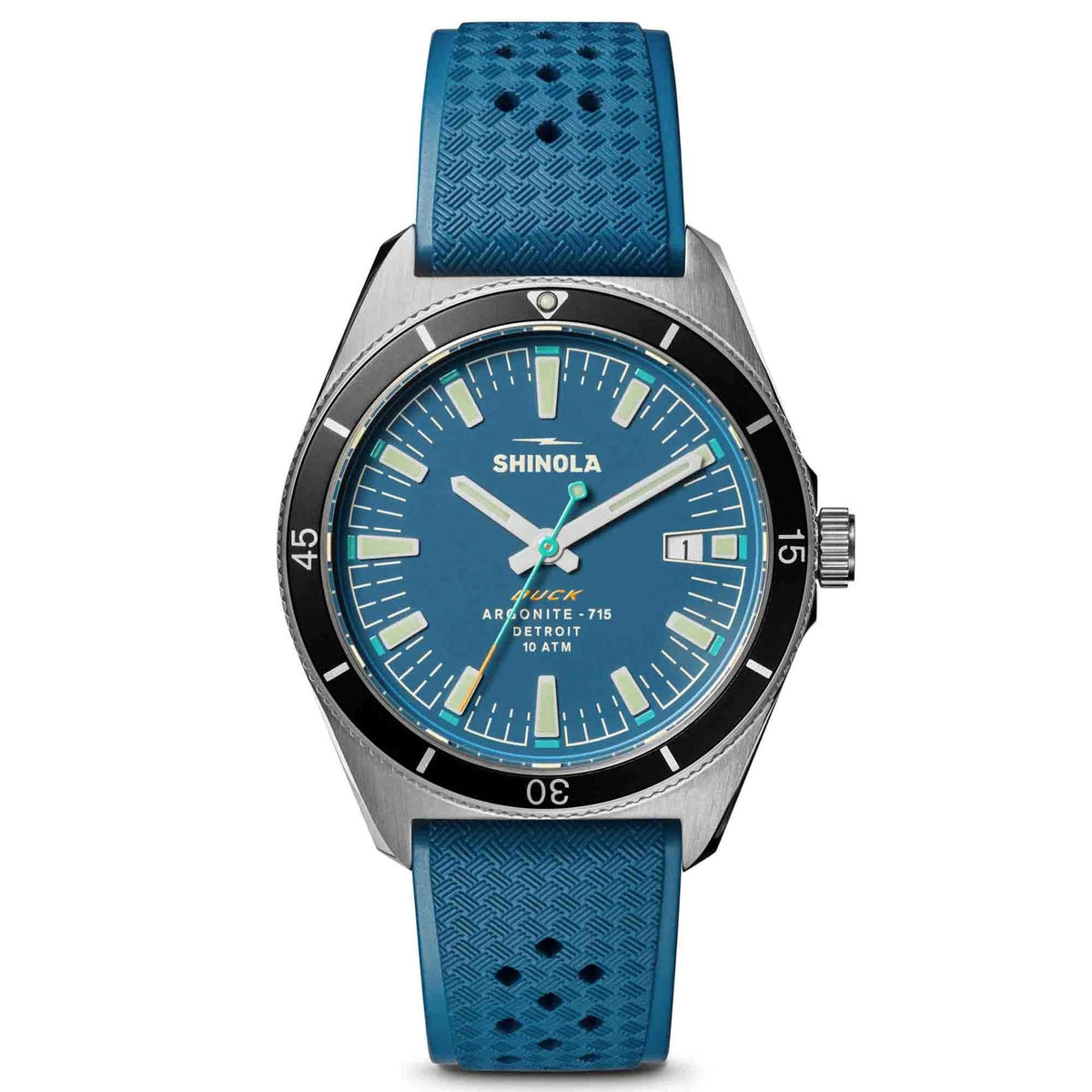 Shinola Mens The Duck 1040 Silver & Blue Rubber Strap Watch Blue Dial