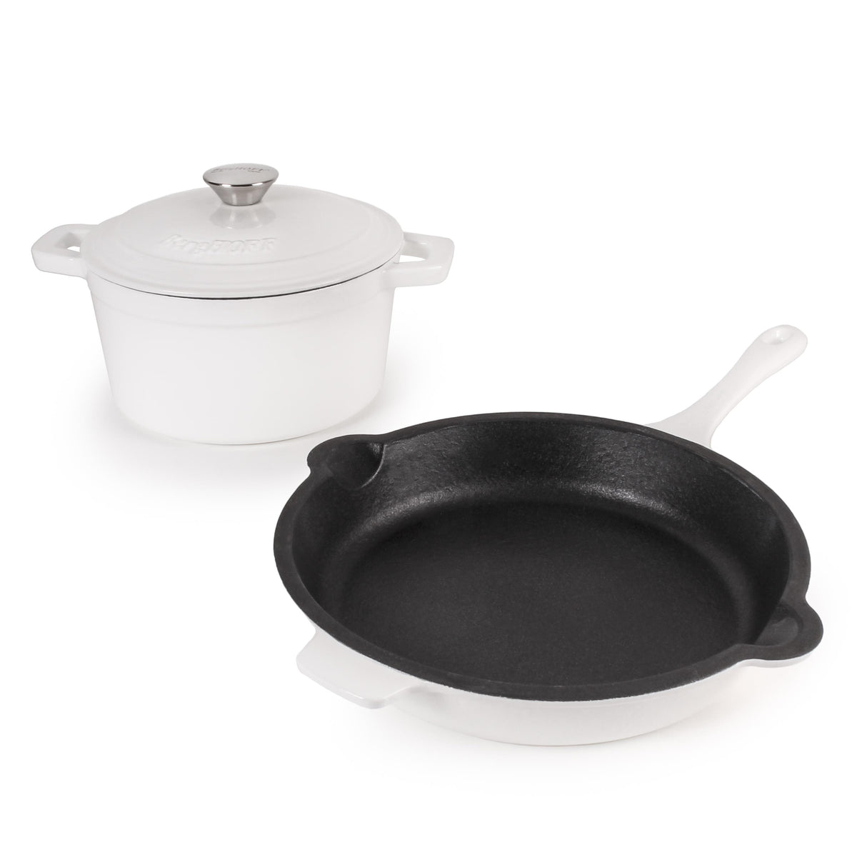 BergHOFF Neo 3pc Cast Iron Cookware Set, Fry Pan & Round Dutch Oven, White