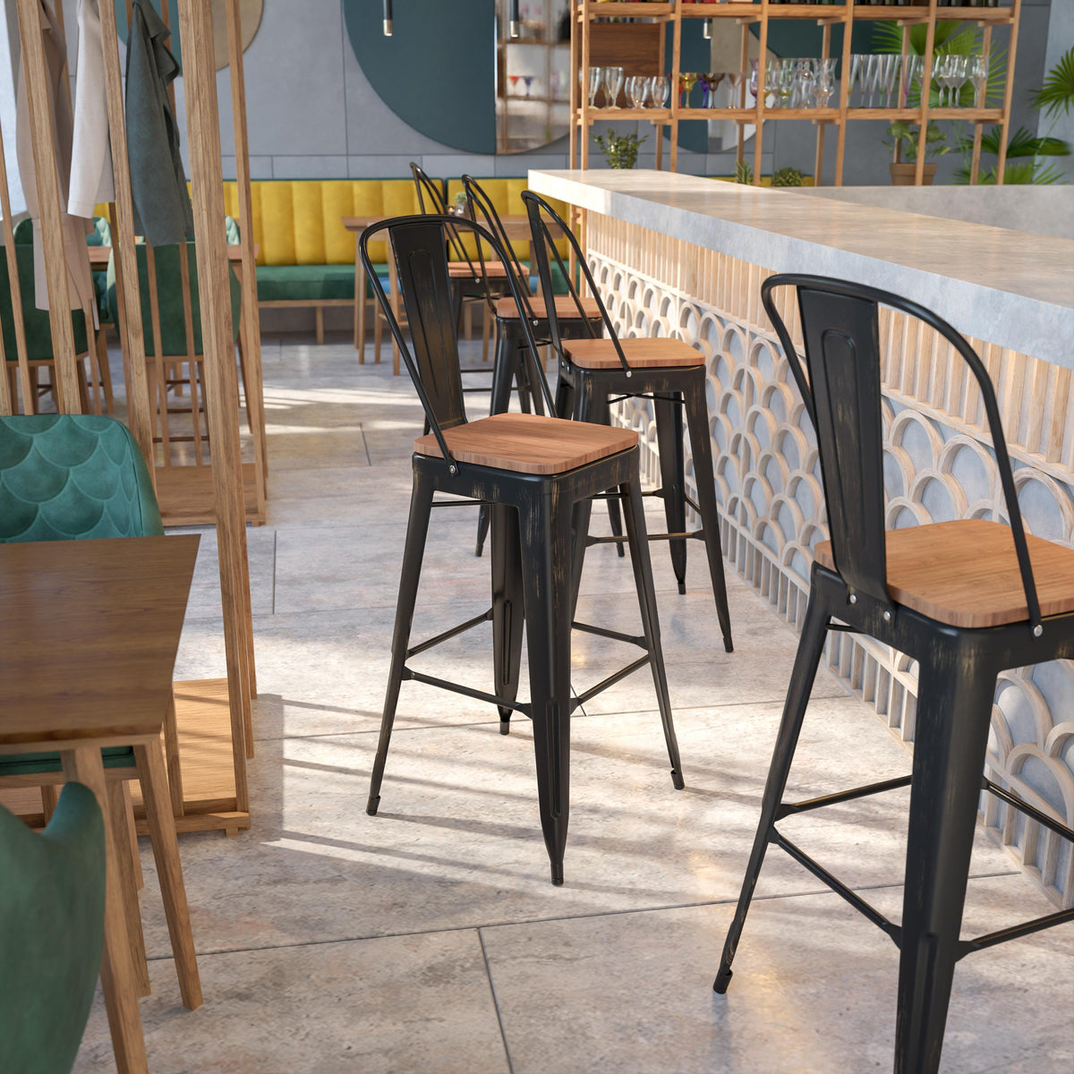Flash Furniture 30" High Black-Antique Gold Metal Barstool with Back and Wood Seat - Kitchen