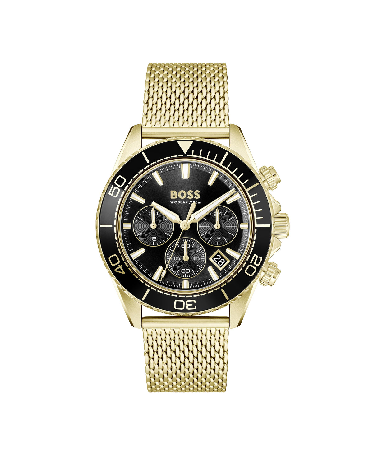 HUGO BOSS Boss Sealiner Gents. IP Gold Case & Mesh Bracelet. Black Chronograph Dial.
