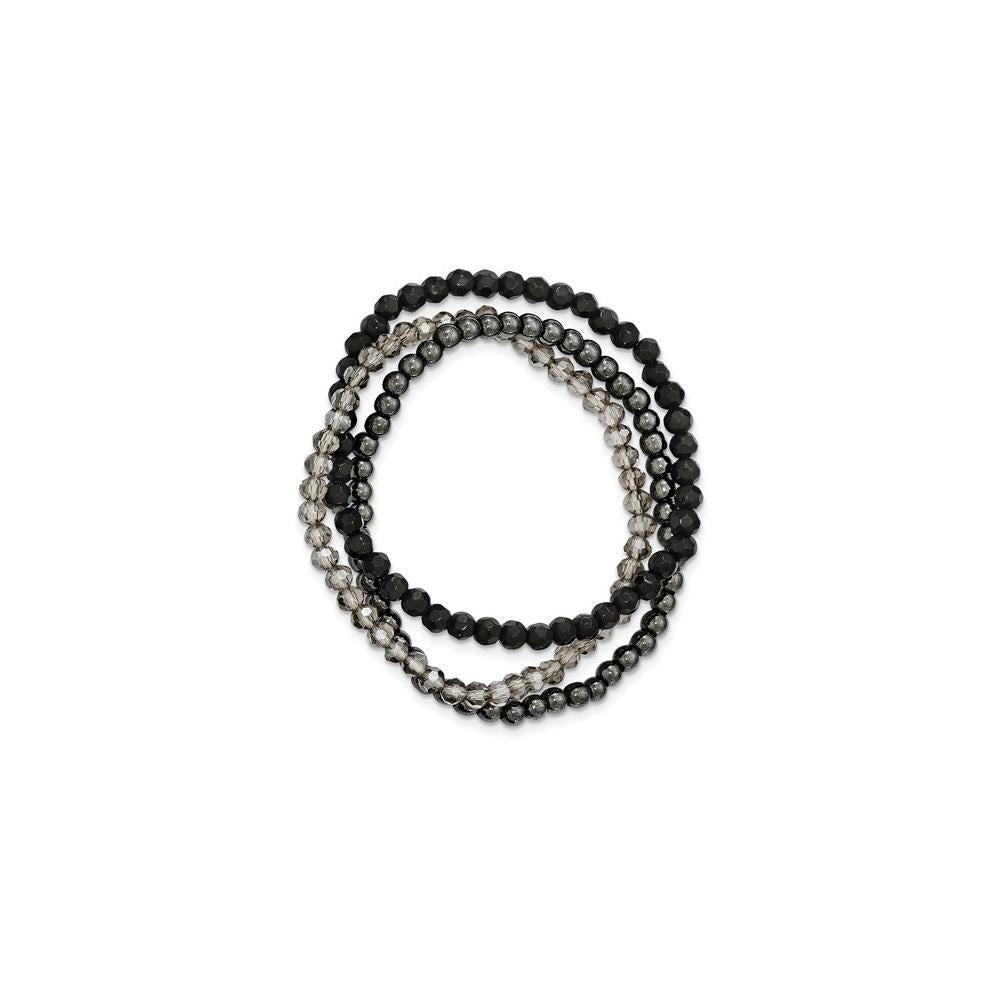 Distinctive Sterling Silver Black and Smoky Crystal, Hematite 3 Strand Stretch Bracelet