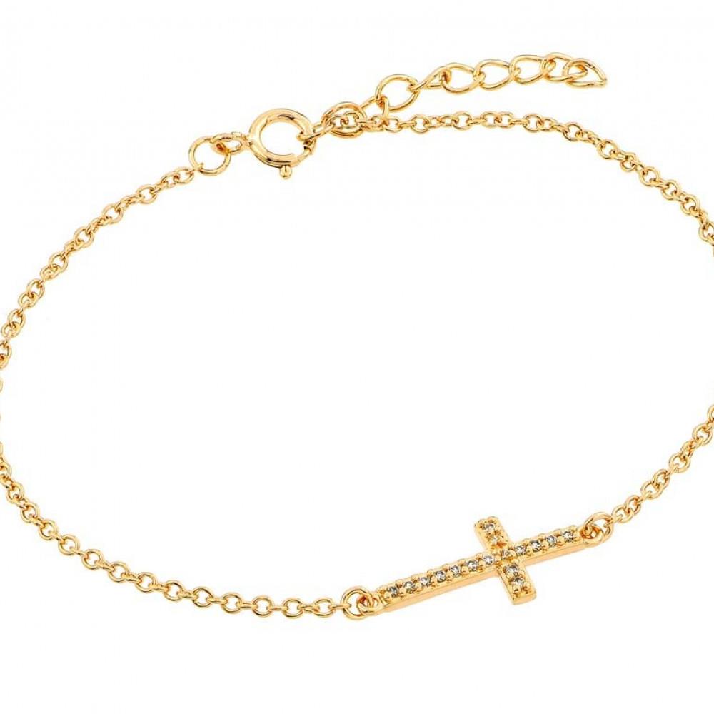 PARIKHS Gold Plated Sideways CZ Bracelet in 925 Sterling Silver - 7-8 " Adjustable