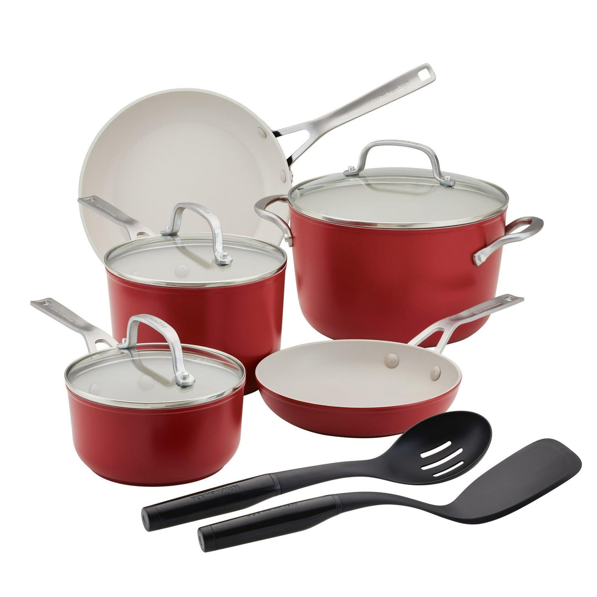 KitchenAid 10pc Ceramic Forged Aluminum Cookware Set Empire Red
