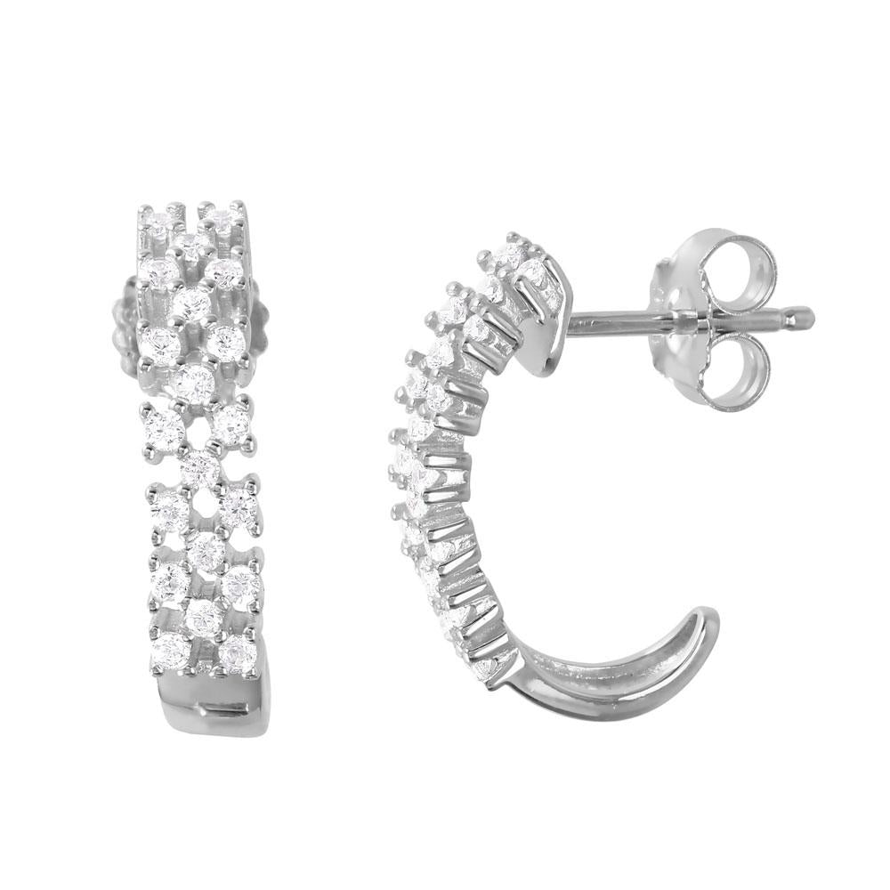 PARIKHS Rhodium Plated Thin Checkered CZ Semi-Huggie Earring in 925 Sterling Silver