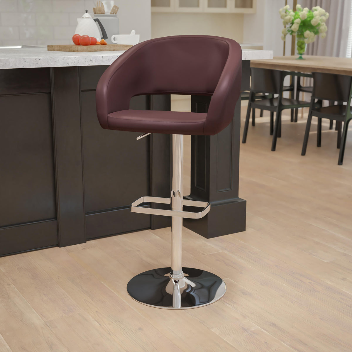 Flash Furniture Red Vinyl Adjustable Height Barstool with Rounded Mid-Back and Chrome Base