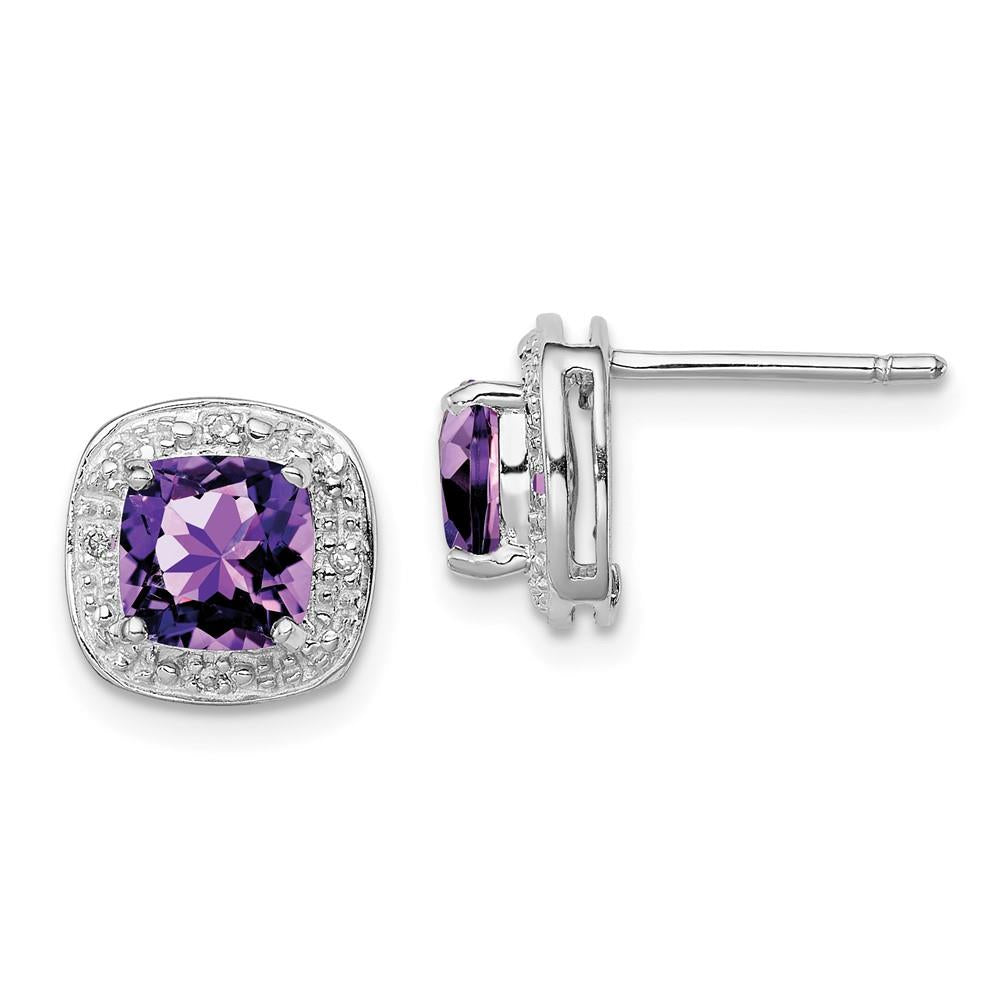Distinctive Sterling Silver Rhodium Plated Amethyst and Diamond Post Earrings