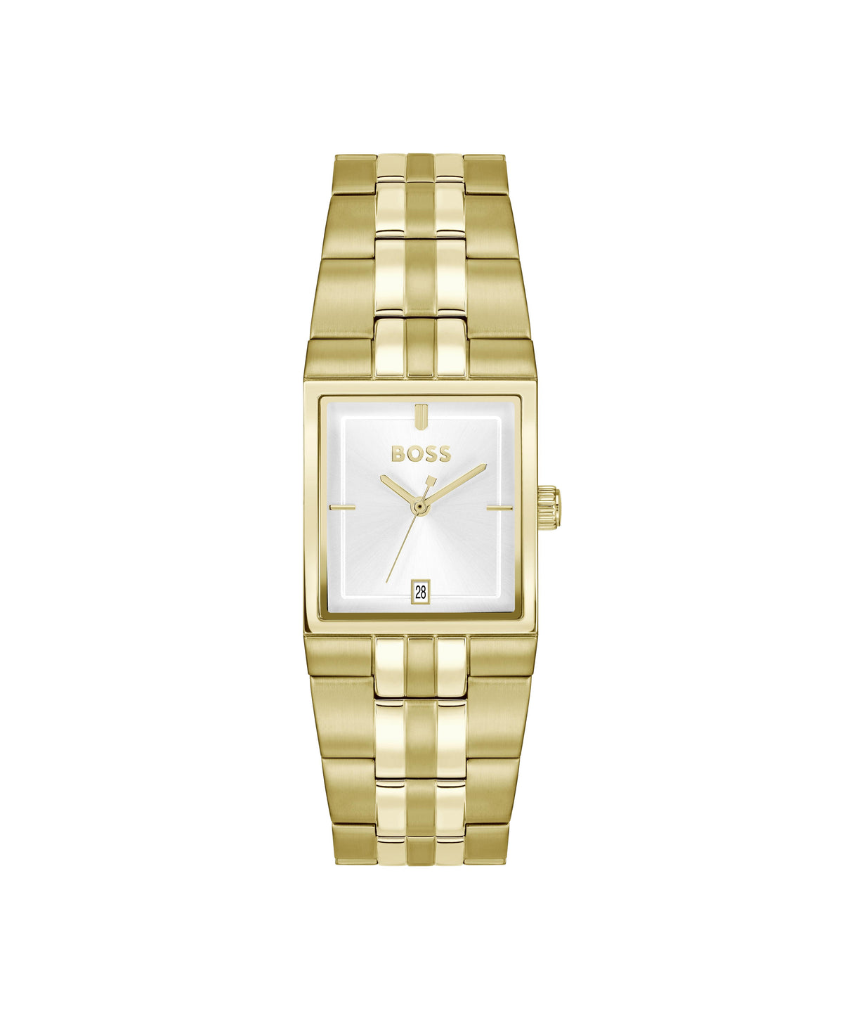 HUGO BOSS Boss Strivo Gents. Yellow Gold PVD Rectangle Case and Bracelet. Silver White dial