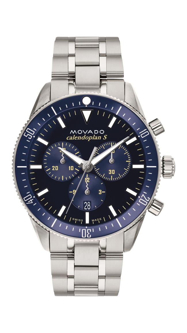 Movado Heritage Gents. Stainless Steel Case & Bracelet. Blue Chronograph Dial.