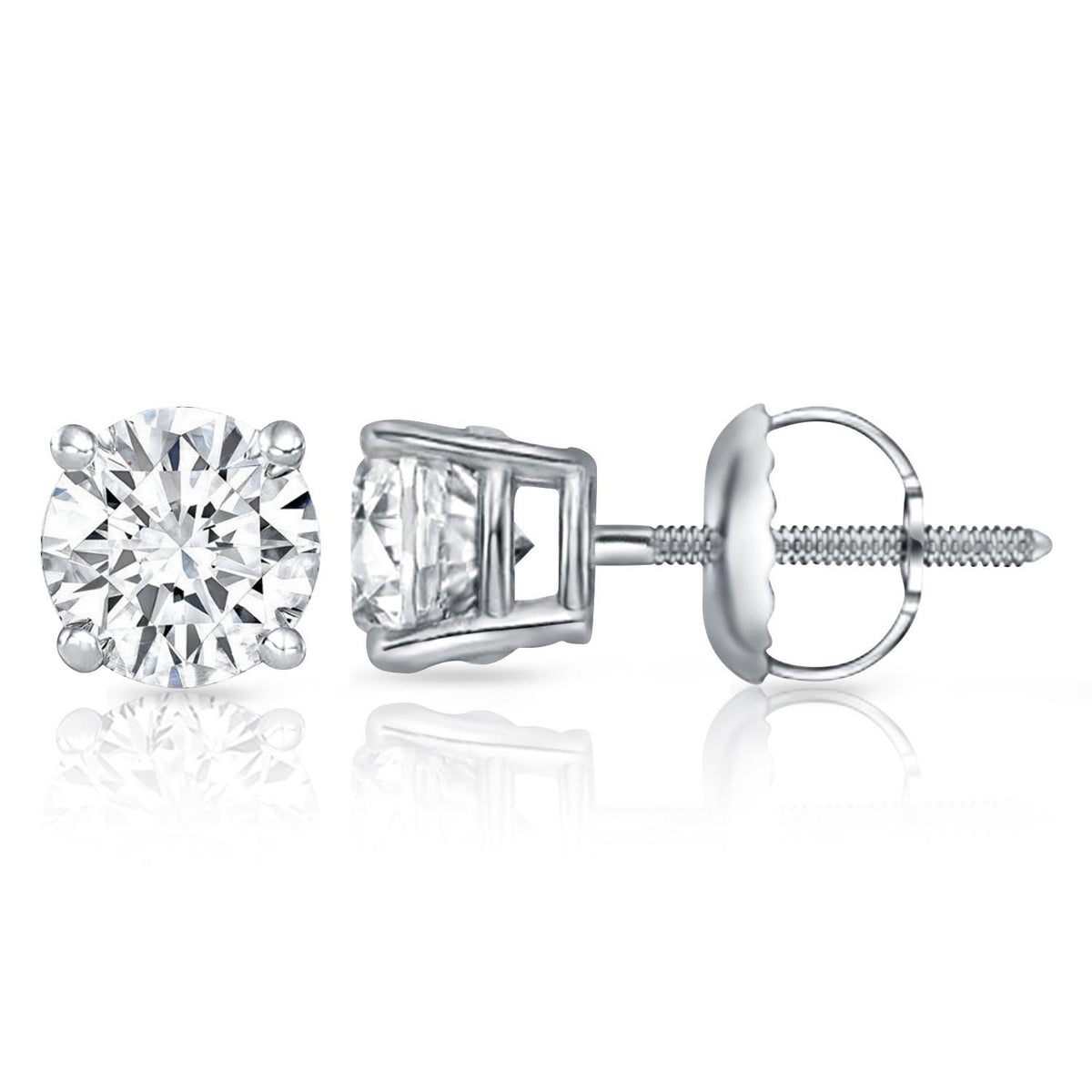 PARIKHS Round Prime Diamond Screw Back Stud 14K White Gold 0.06ct IJK Color,I1 Clarity