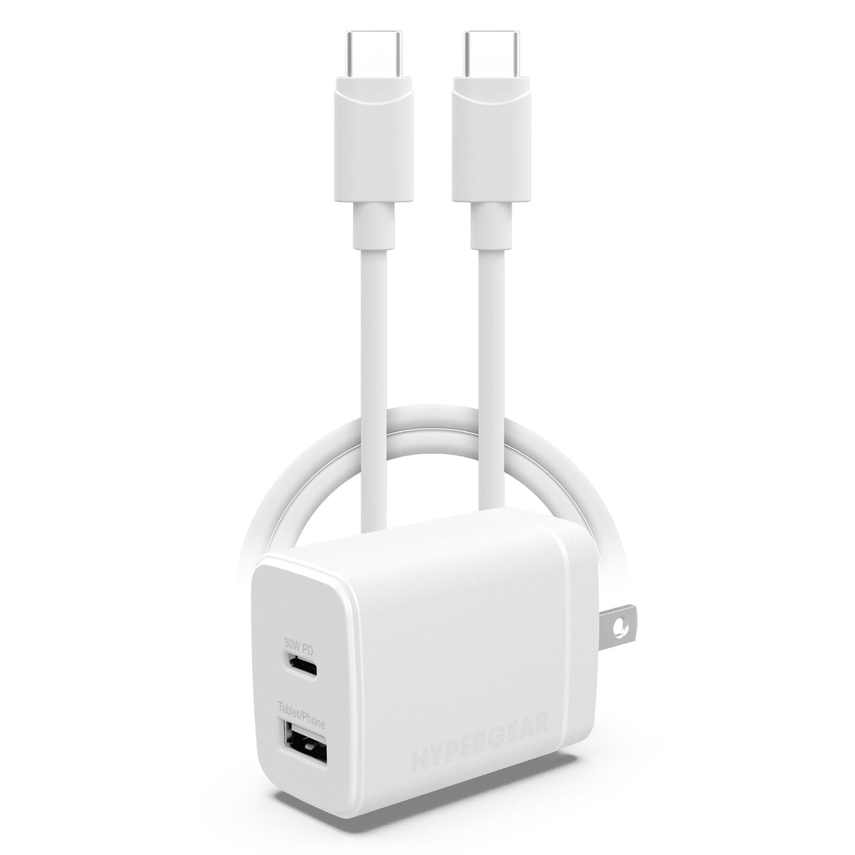 HYPERCEL HyperGear 30W USB-C PD + USB-A Fast Wall Charger and 4ft USB-C Cable, White