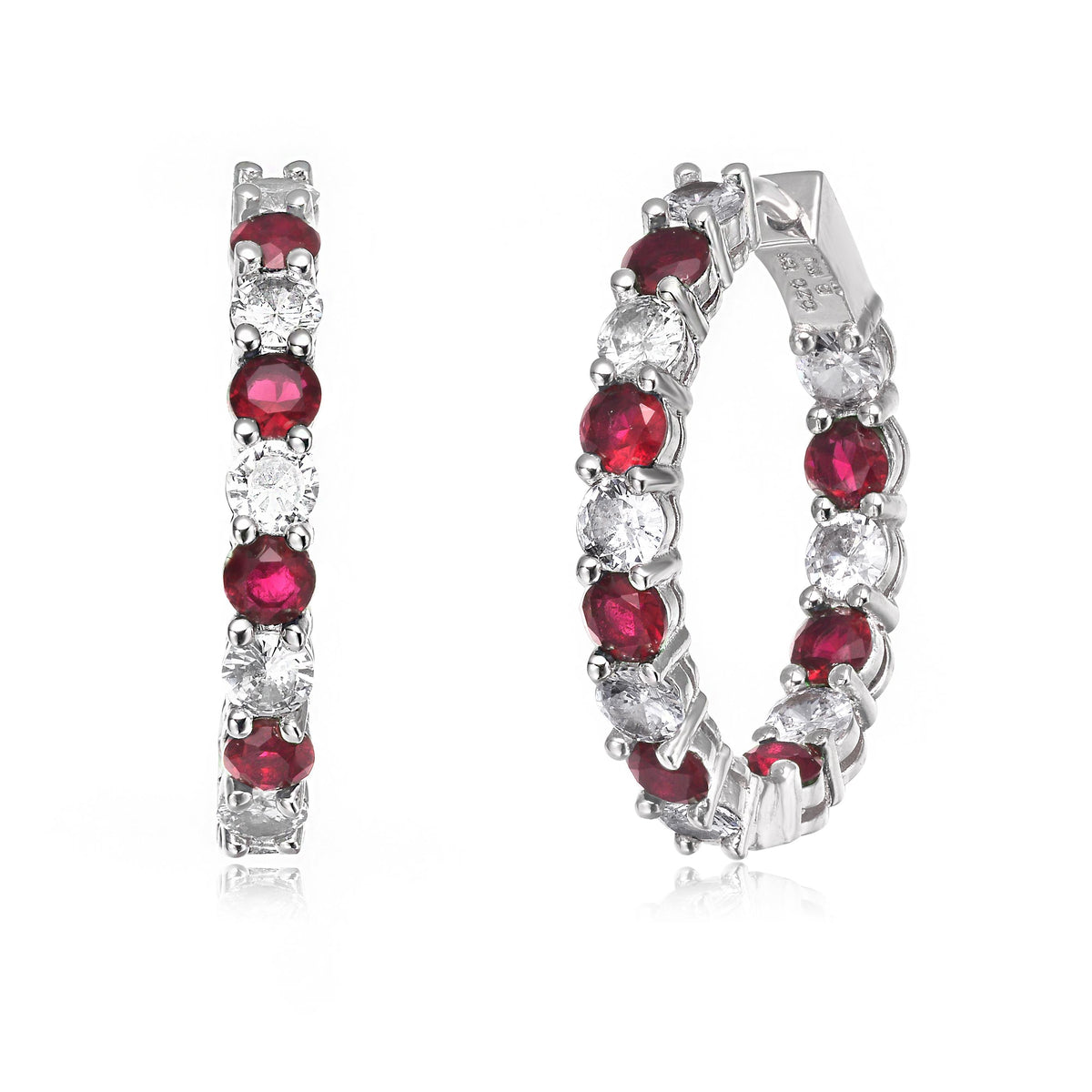GENEVIVE CZ Rhodium Red Classic Hoop Earrings