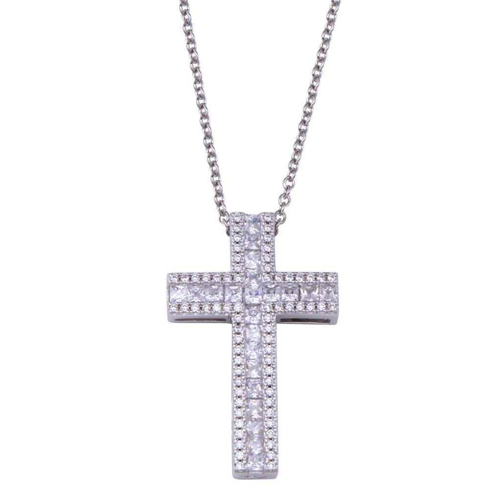 PARIKHS Rhodium Plated Cross CZ Necklace in 925 Sterling Silver