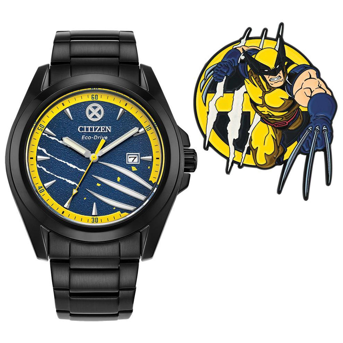 Marvel Men's Wolverine Eco-Drive Black IP Stainless Steel Watch Blue Dial