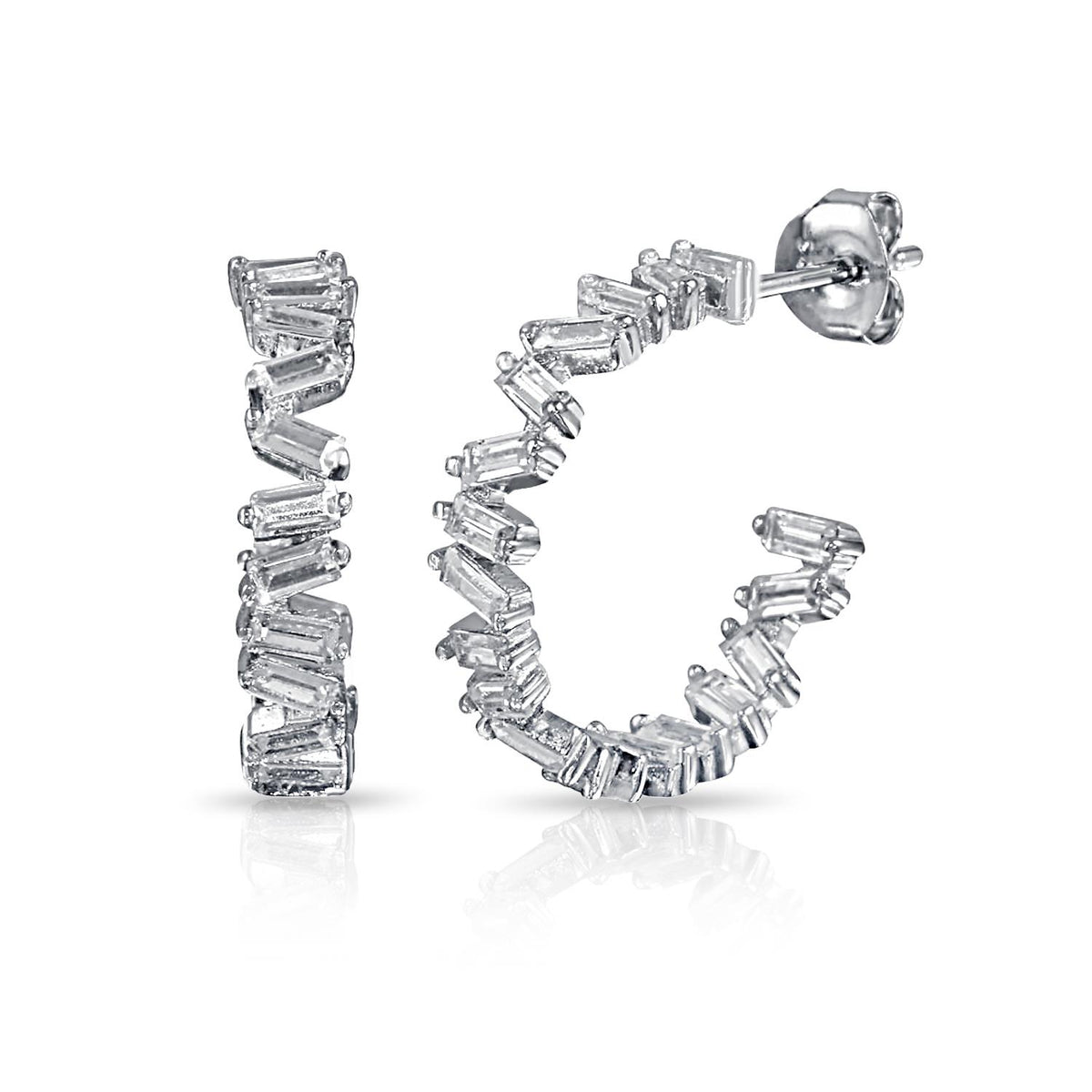 PARIKHS Rhodium Plated Semi Hoop CZ Baguette Earring in 925 Sterling Silver