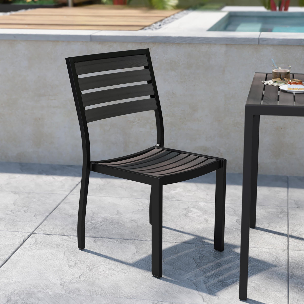 Flash Furniture Set of 2 Outdoor Faux Teak Side Chairs with Gray Wash Poly Slats - Patio Chairs