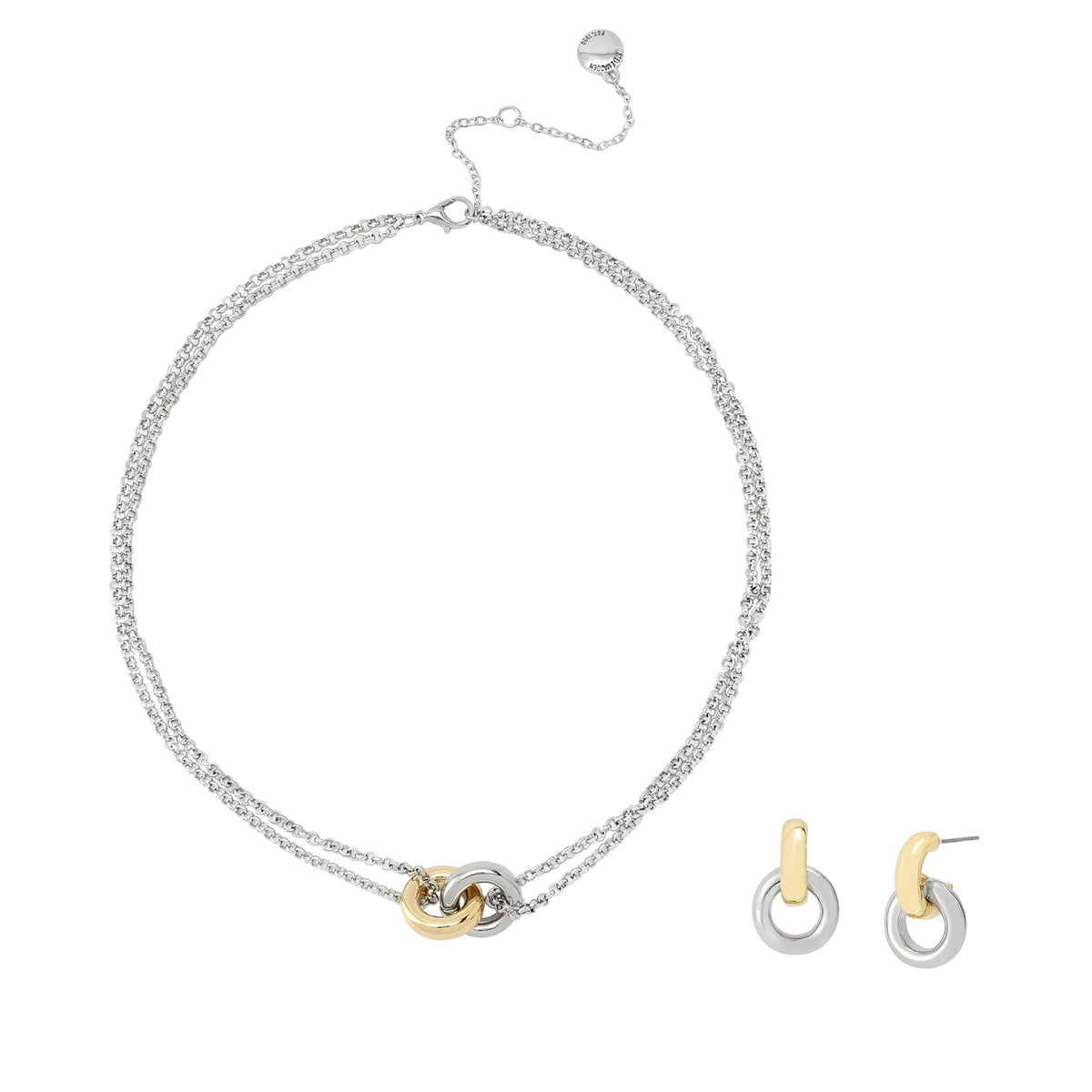 Steve Madden Interlocking Ring Necklace & Earring Jewelry Set - Two Tone