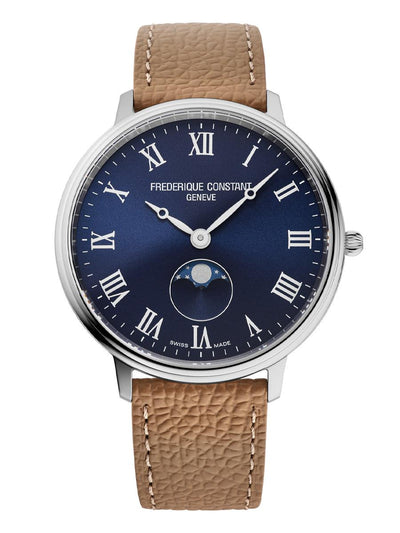Frederique Constant Unisex Classics Quartz Moonphase Leather Strap watch, Blue dial