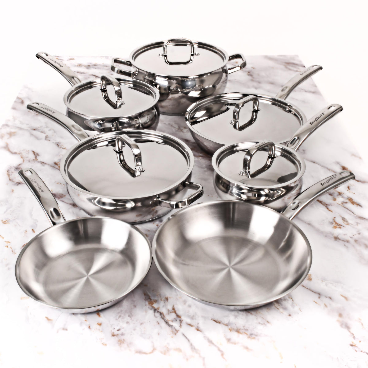 BergHOFF Belly Shape 12pc 18/10 SS Cookware Set, Metal Lids