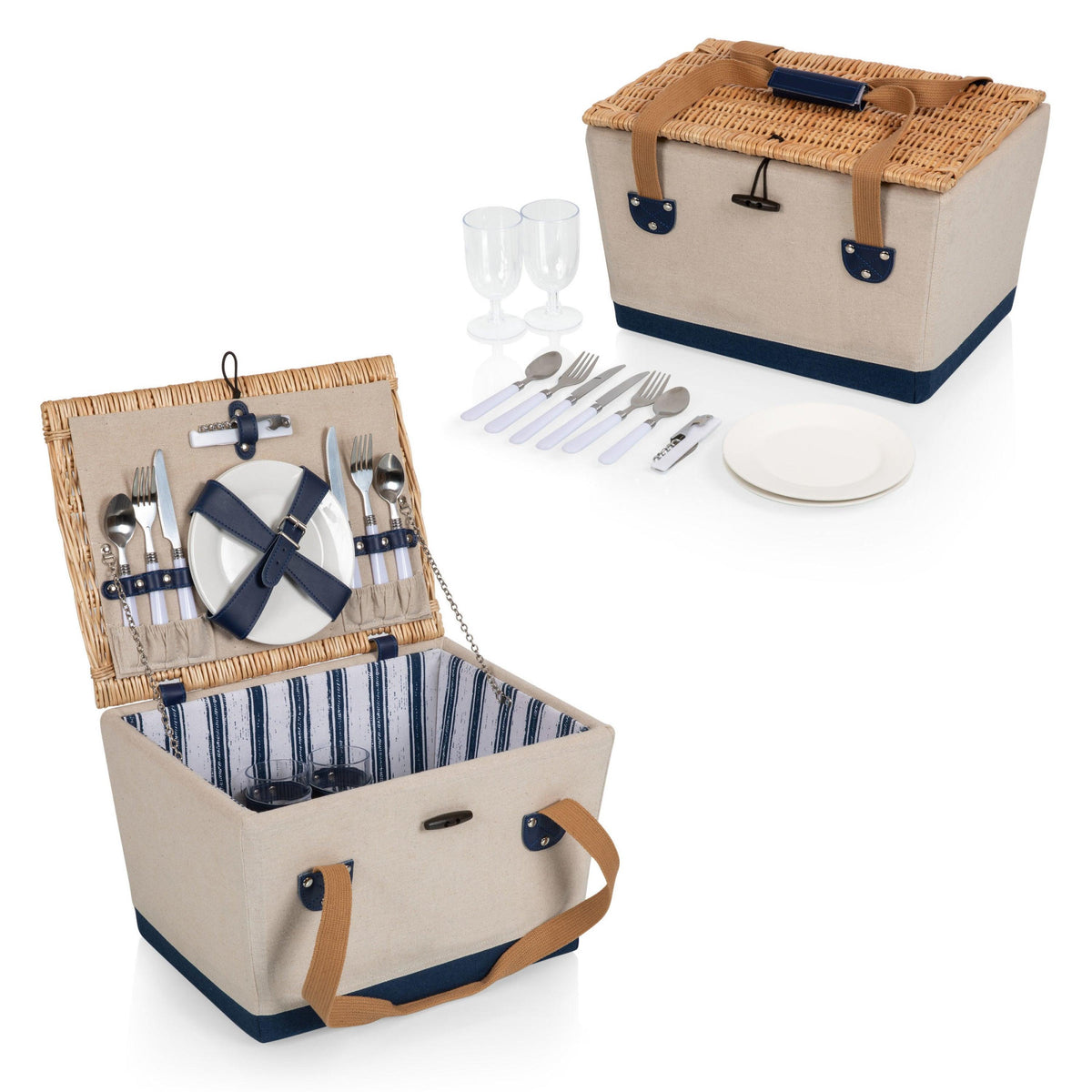 Boardwalk Picnic Basket for 2 Beige Canvas w/ Navy Blue Accents