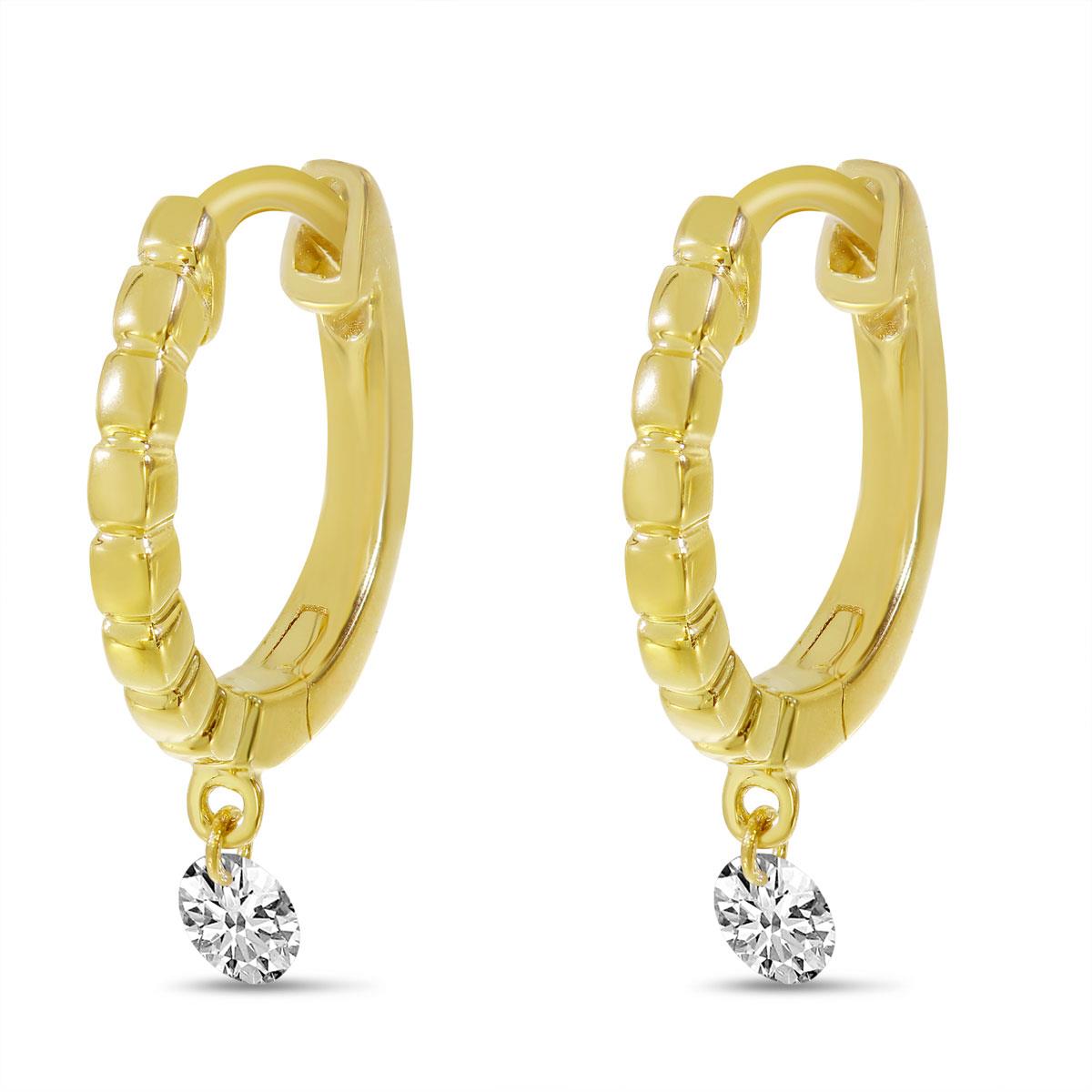 Distinctive 14K Yellow Gold .16 cwt. Dangle Diamonds Huggie Hoop Earrings