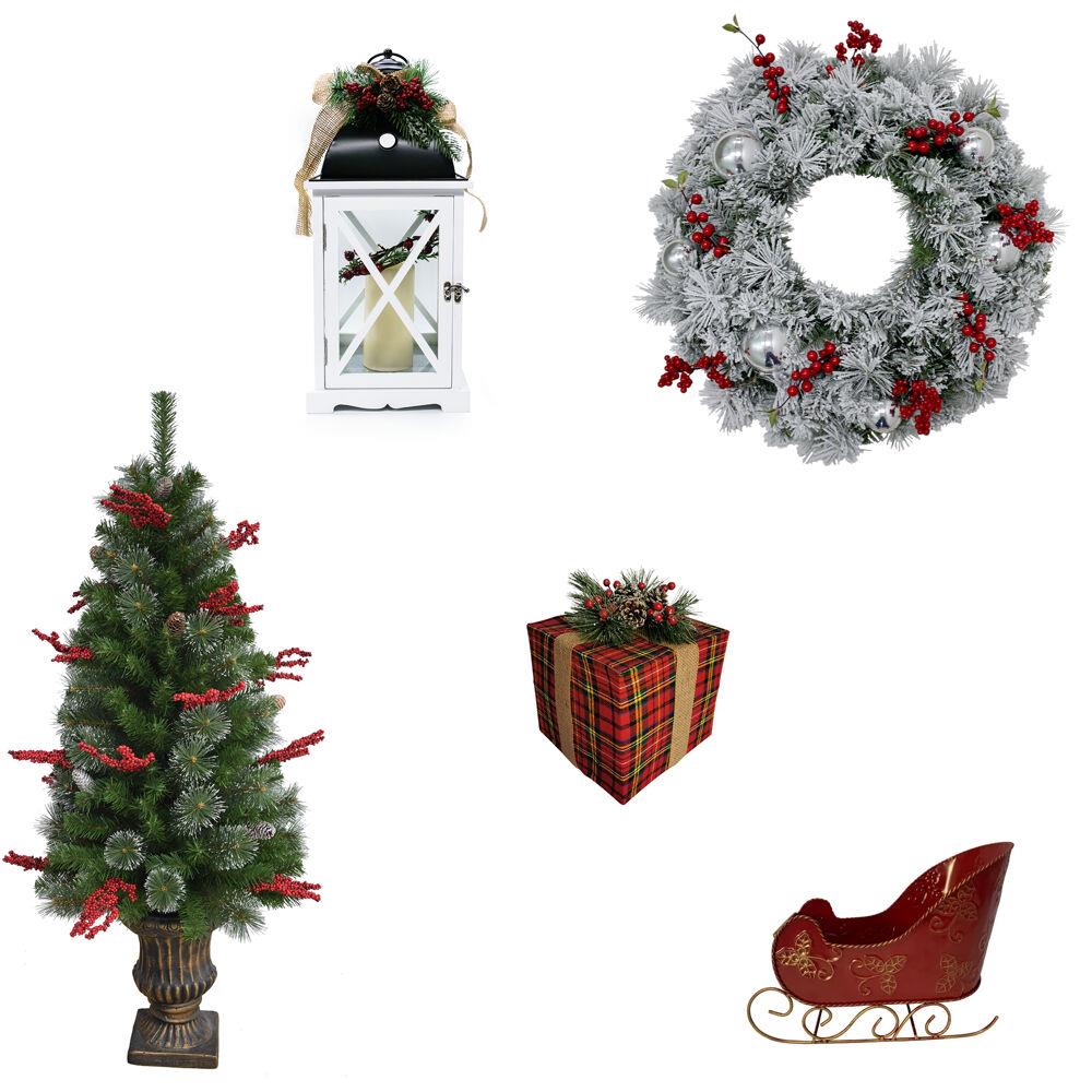 Fraser Hill Tartan Christmas 5-Piece Decorating Kit: Frosted Wreath, Lightly Frosted Tree, Pre-Lit Lantern, Slei