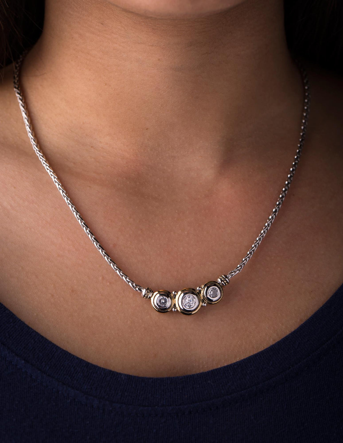 John Medeiros Beijos Three Stone Necklace, Clear CZs. 16" L. Center Motif 1-3/8"Wx3/8"H.