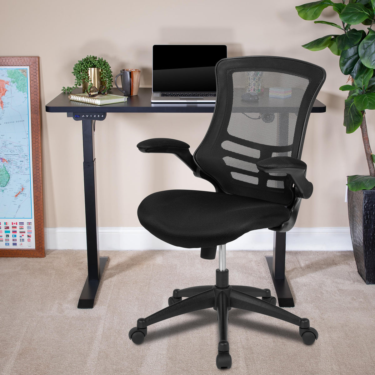 Flash Furniture Mahogany Electric Height Adjustable Standing Desk with Mesh Executive Chair