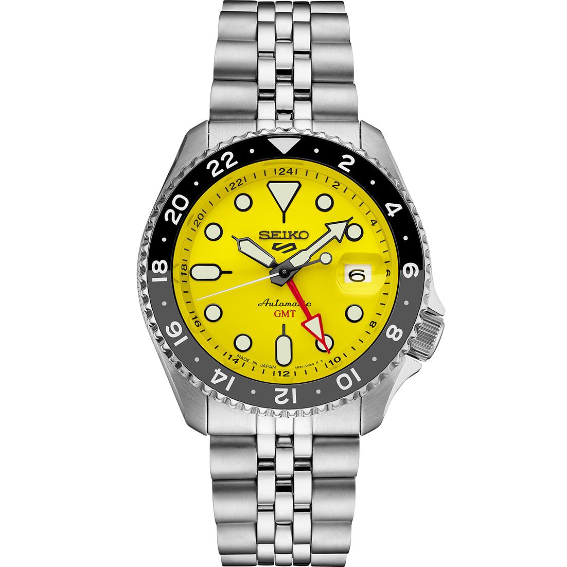 Seiko 5 Sports SS Automatic GMT Yellow Dial, Red Sweep, Black bezel, Jubilee bracelet