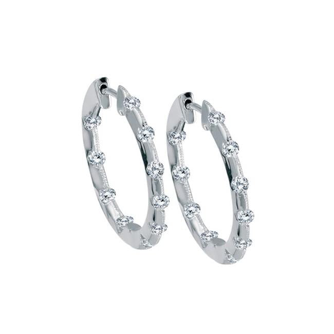 Distinctive 14K White Gold Tension Set Inside Outside .50 cwt. Diamond Hoop Earrings