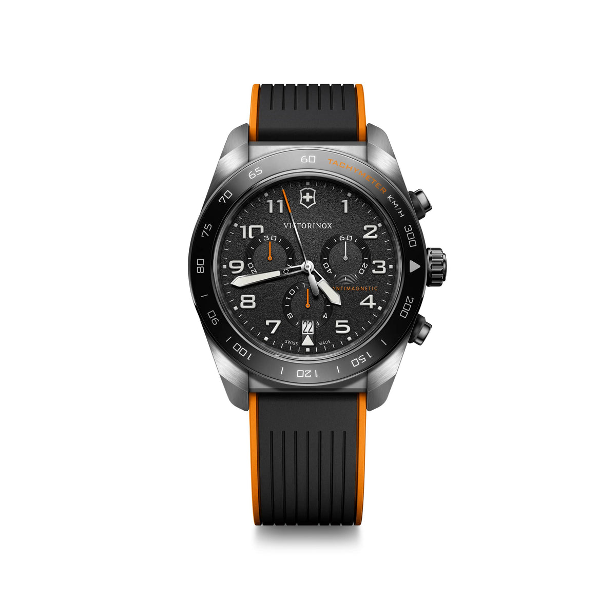 Victorinox Swiss Army Swiss Army Chrono 42mm, silver case, black bezel/dial, black rubber strap