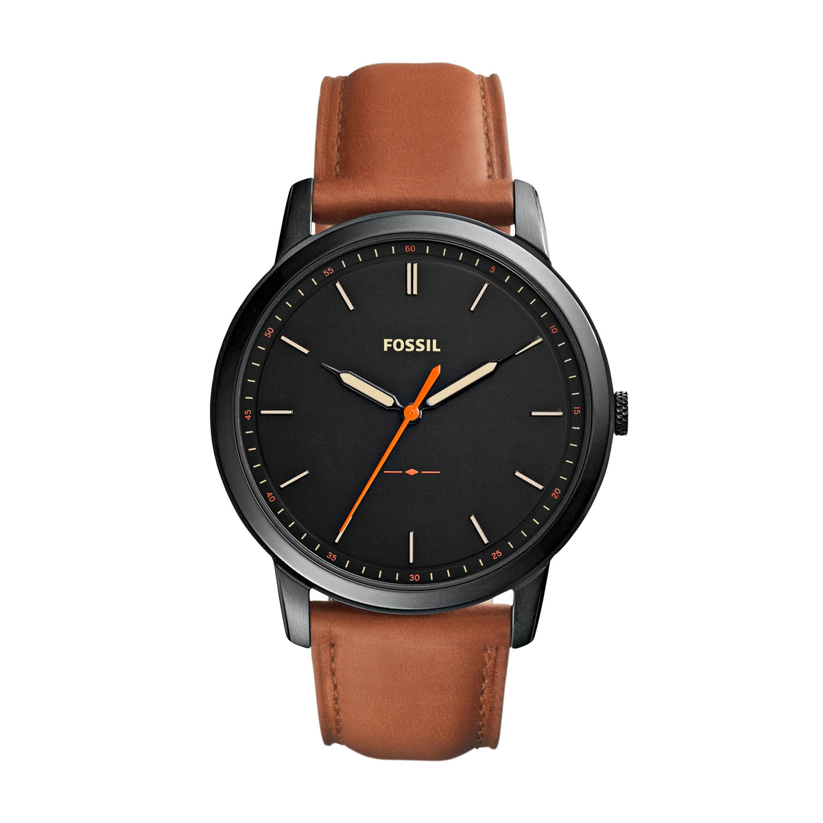 Fossil Mens Minimalist Light Brown Leather Strap Watch Black Dial