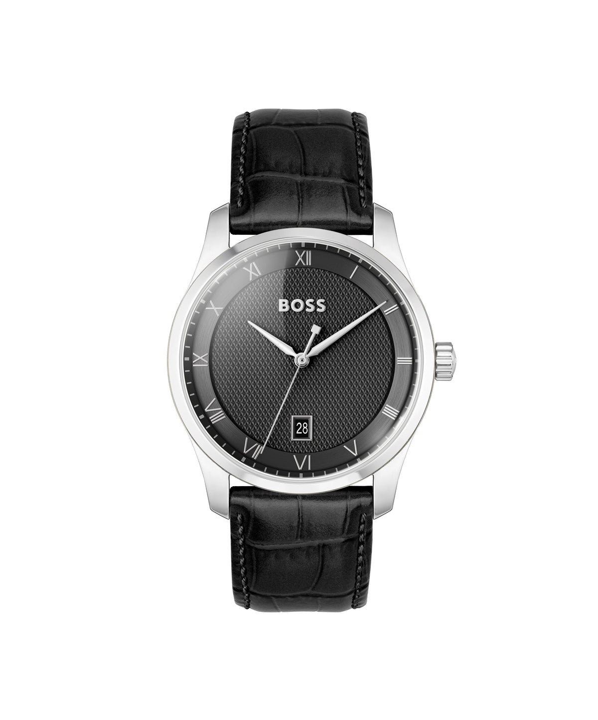 HUGO BOSS Boss Principle Gents. Stainless Steel Case. Black Calfskin Strap. Black Dial.