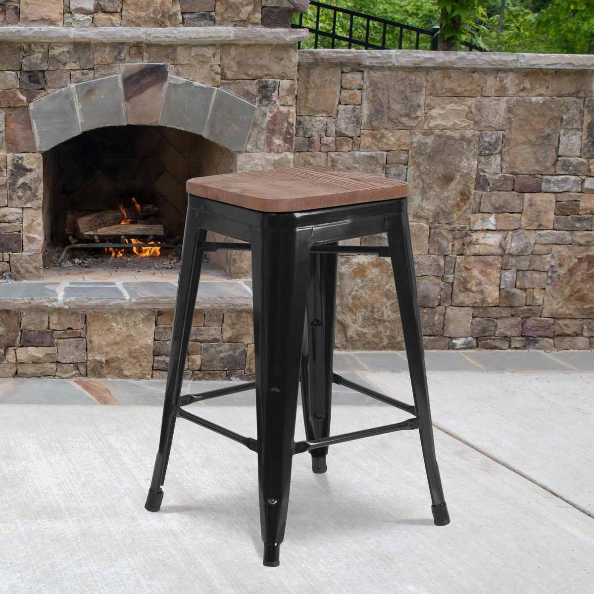 Flash Furniture 24" High Backless Black Metal Counter Height Stool with Square Wood Seat