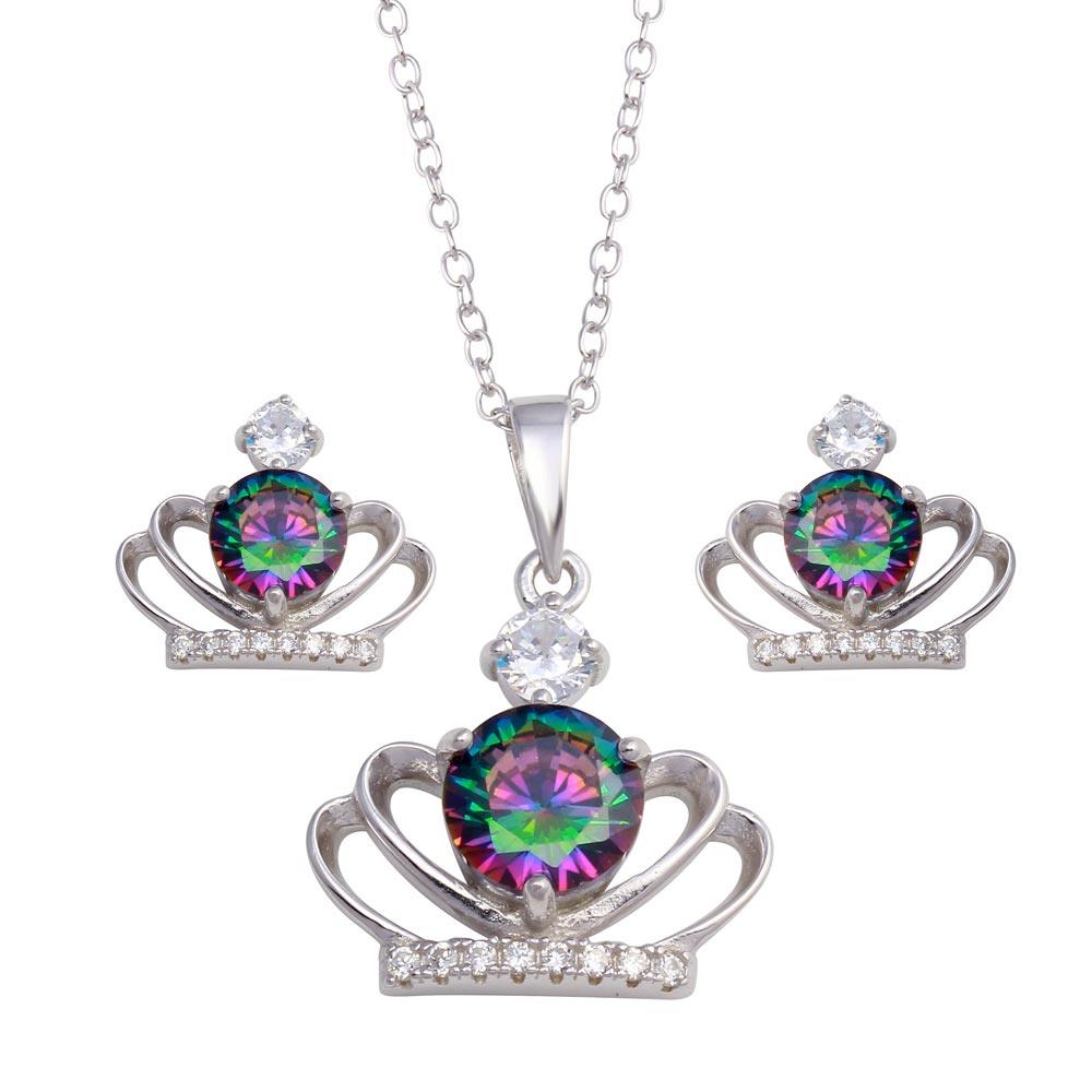 PARIKHS Rhodium Plated Crown Synthetic Mystic Topaz CZ Necklace-Earring Set in 925 Sterling Silver