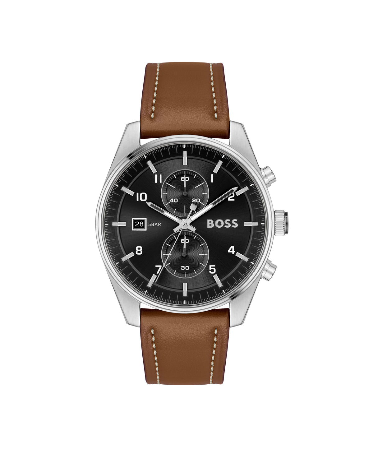 HUGO BOSS Boss Skytraveller Gents. Stainless Steel Case & Brown Calfskin strap. Black Chrono Dial.