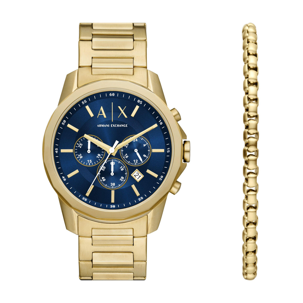 Armani Exchange Mens Bank Chronograph Gold-Tone Stainless Steel Watch & Bracelet Set