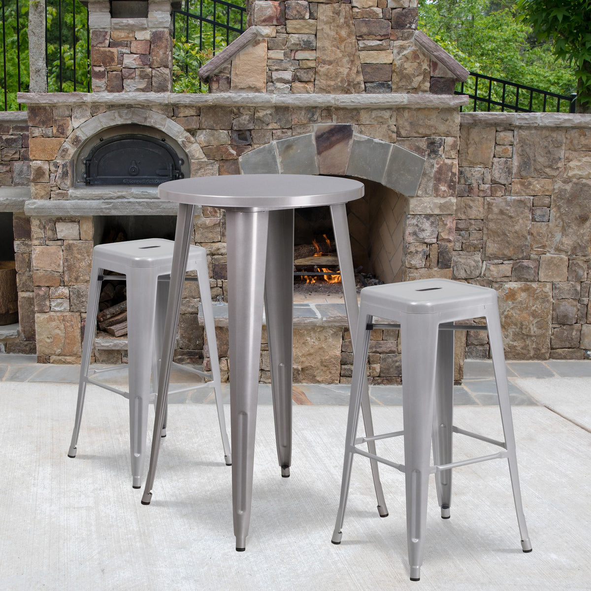 Flash Furniture 24" Round Silver Metal Indoor-Outdoor Bar Table Set with 2 Backless Stools