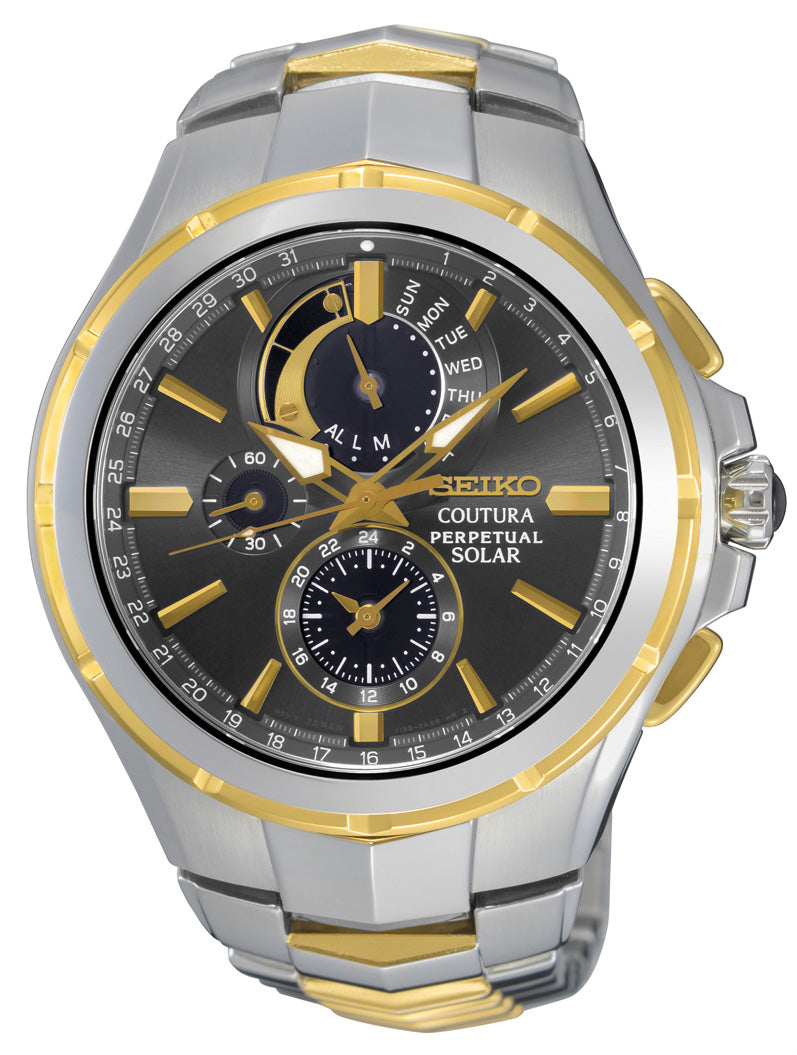 Seiko Mens Solar Perpetual Chrono 2-tone Gold/Silver Case Gray Dial