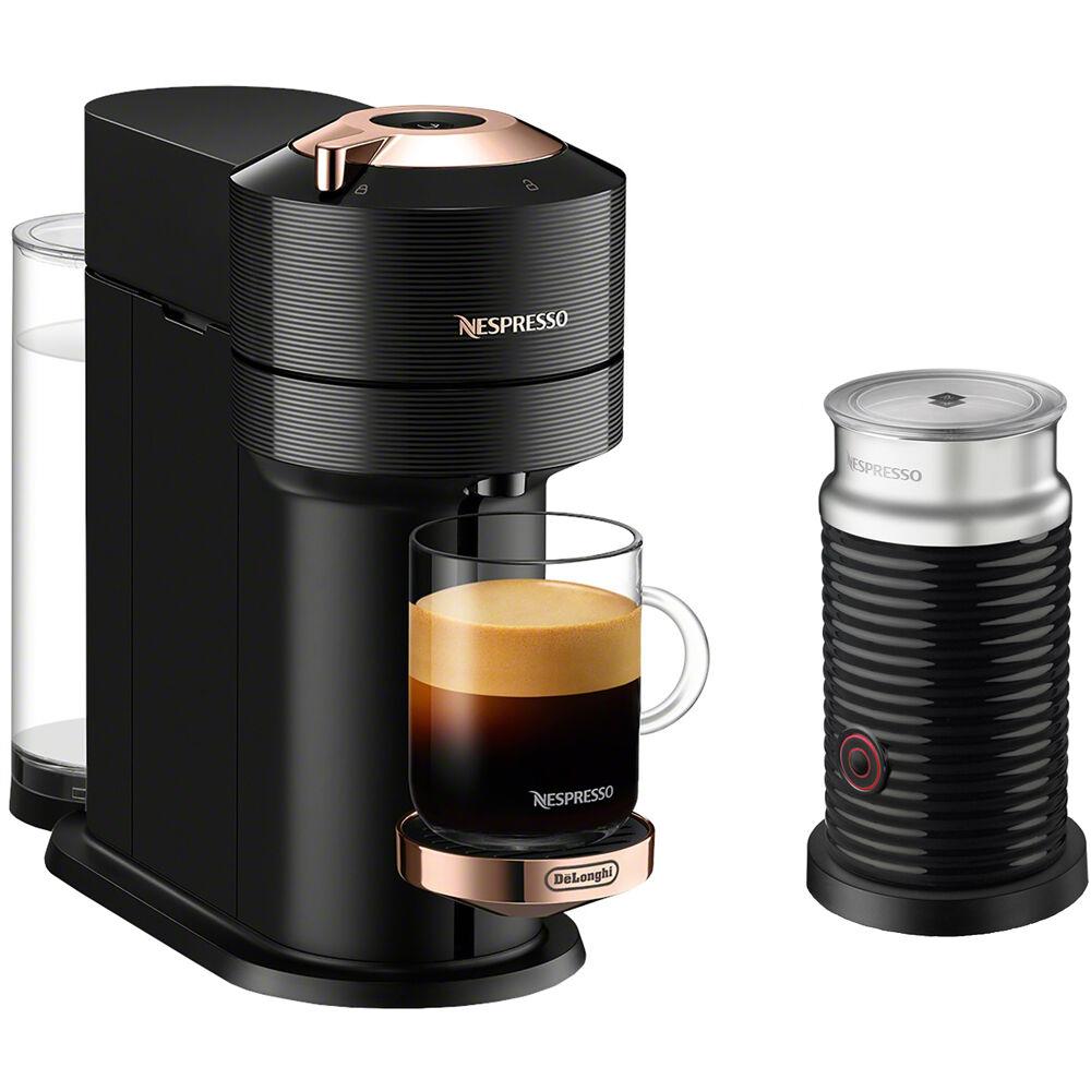 Delonghi Vertuo Next Premium Coffee and Espresso Maker in Black Rose Gold plus Aeroccino3 Milk Frother in Bla