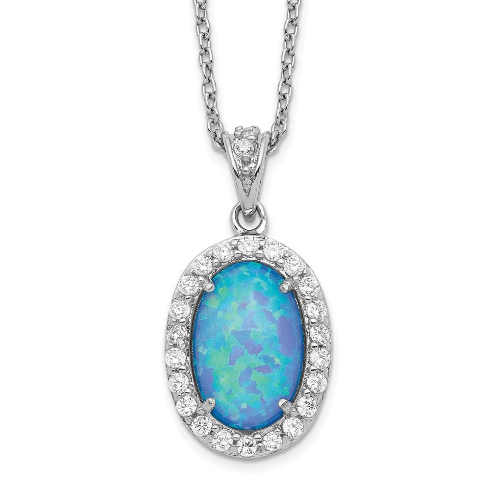 Distinctive Sterling Silver Cheryl M Rhodium Plated CZ & Created Blue Opal Oval Necklace