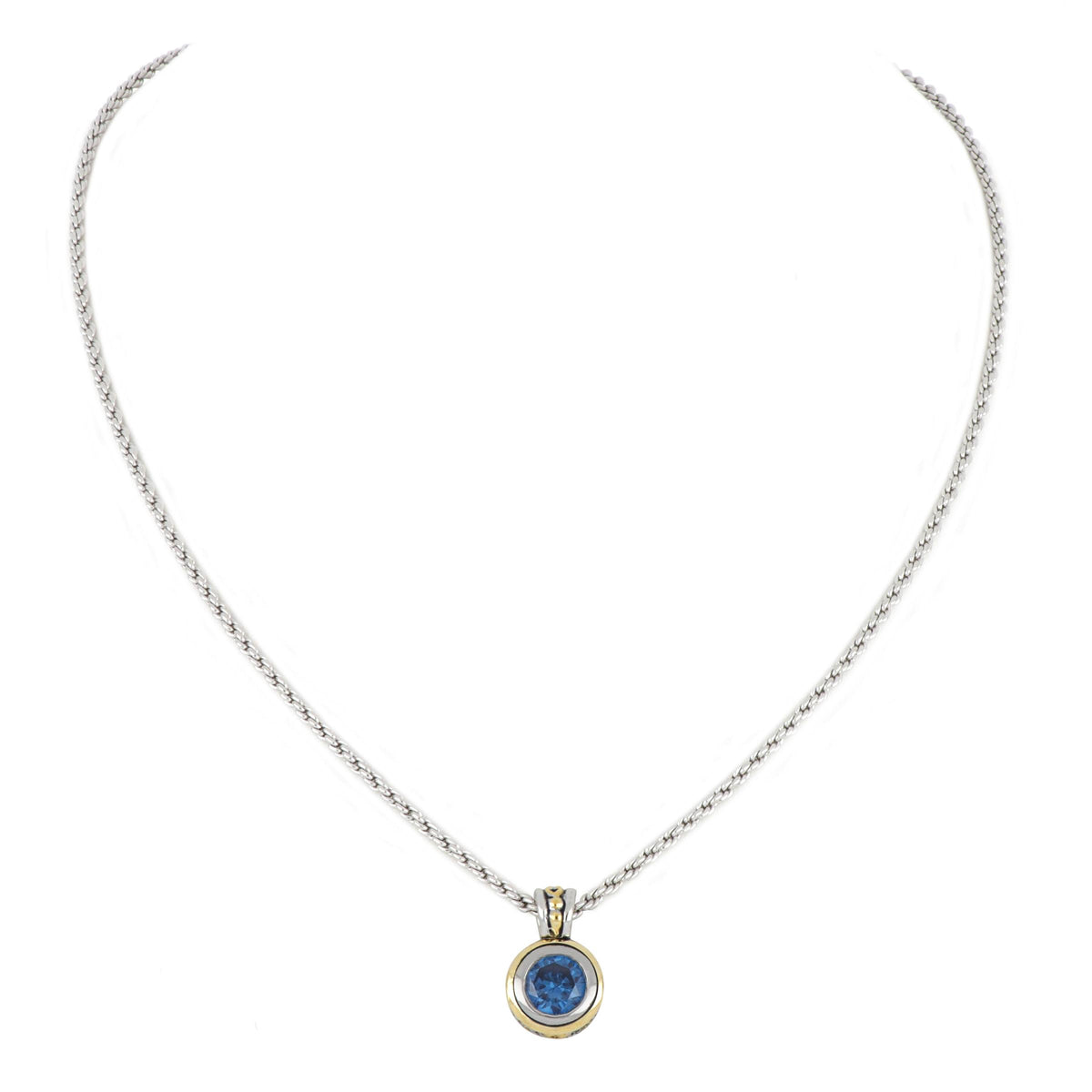 John Medeiros Beijos 8mm Bezel Set Necklace, Sapphire CZ. Length: 18"Pendant: 3/4"L x 1/2"W x 1/4"Thick